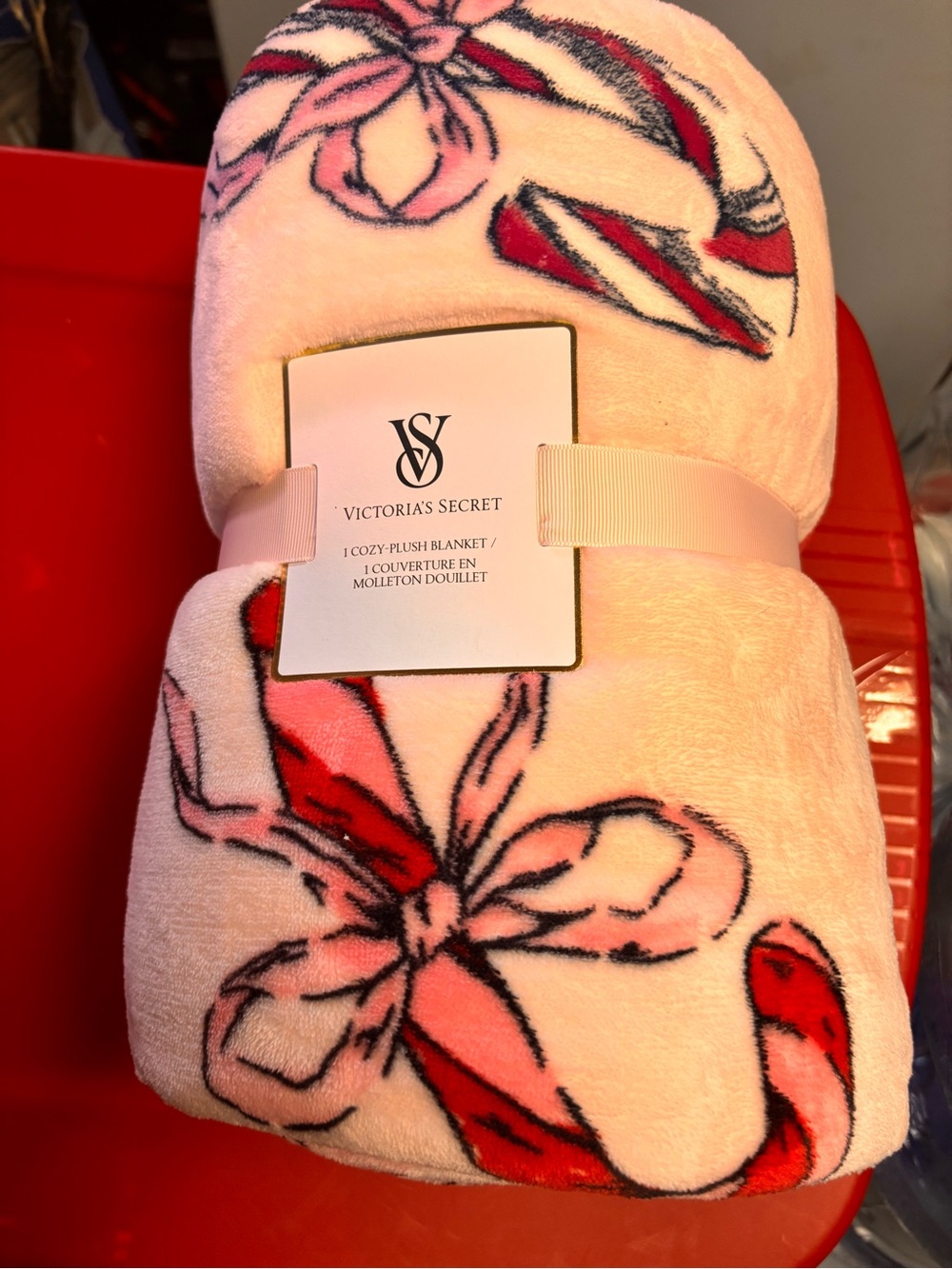 Victoria's Secret Pink Floral Plush Blanket with Red Accents